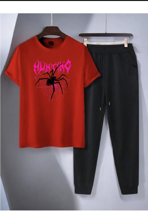 T-shirt Sweatpants Jogger- Black Printed Bottom Top Tracksuit Set Oversize Crew Neck