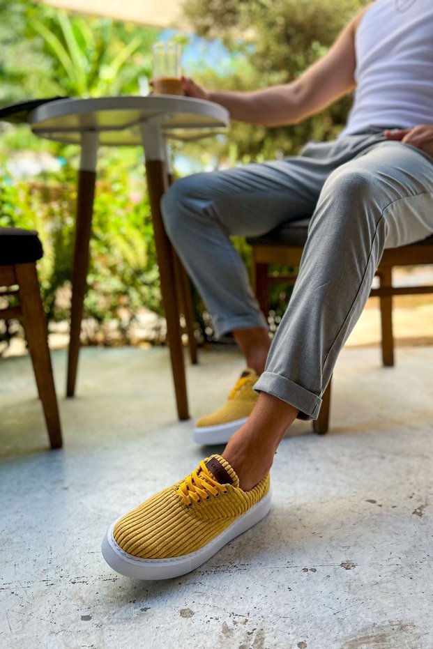 Ch173 Velluto Men's Daily Lace-Up Velvet Fabric Sports Sneakers Shoes Kbt - Yellow