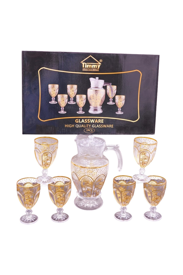 Glassware 170ML Cups with 1580ML Jug Gold Pattern Beverage Serving Set for Dining & Party Use