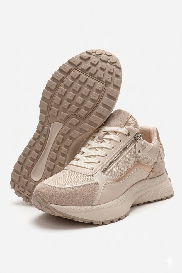 Beige Cream Color Thick Non-Slip Sole Sneakers Zippered Daily Women's Sports Shoes Nodow
