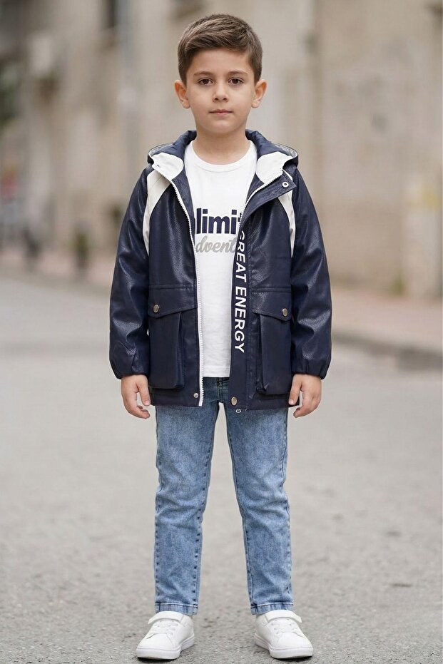 Boy's Hooded Nova Transitional Coat Combed Cotton Trousers Triple Set Tkm7587