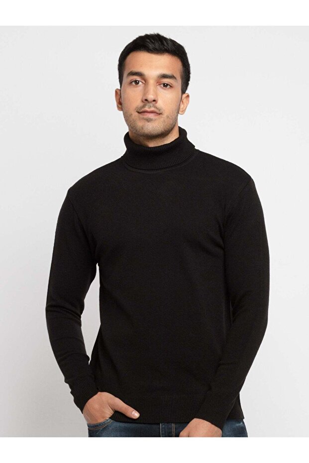 Regular Fit Black Turtle Neck Pullover