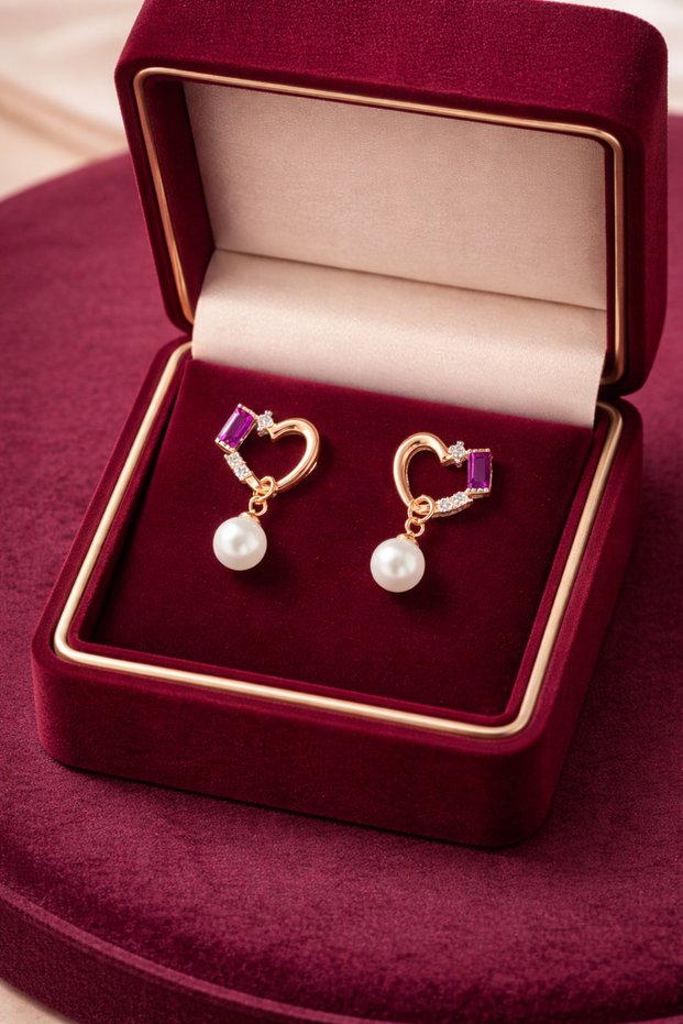 Plum Baguette Stone Pearl Dangle Heart Earrings Rose Gold Stainless Steel Women's Earrings