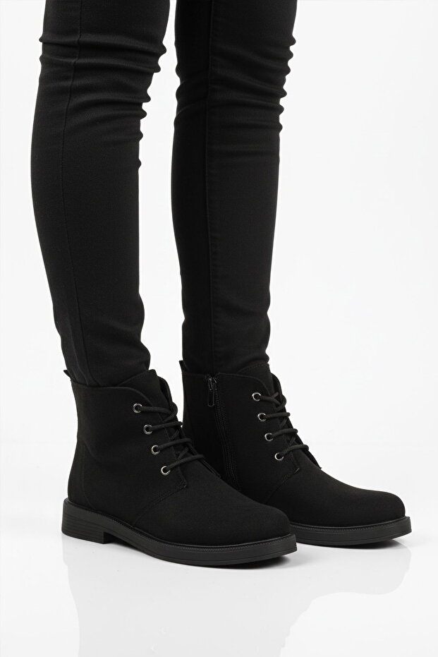Black Suede Lace-Up Zippered Women's Heeled Boots