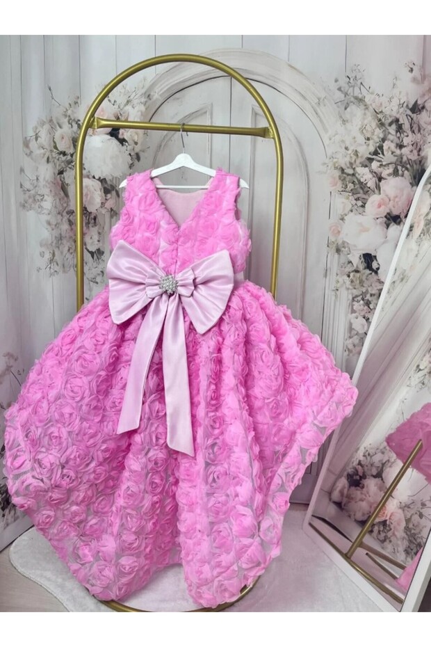 Rose Detailed Tailored Girls' Dress - Wedding, Birthday, Party Dress