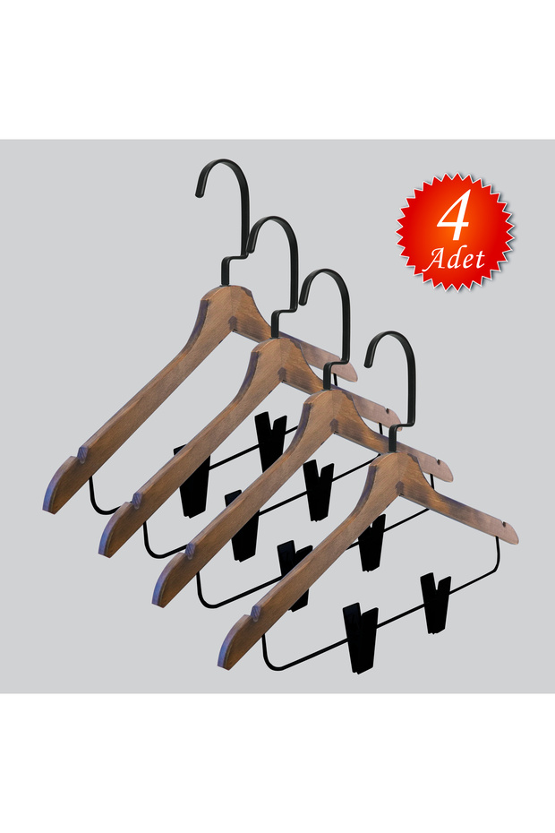 Wooden (Black Hook Lama) Latch Shirt and Skirt Hanger Walnut Color 4 Pieces