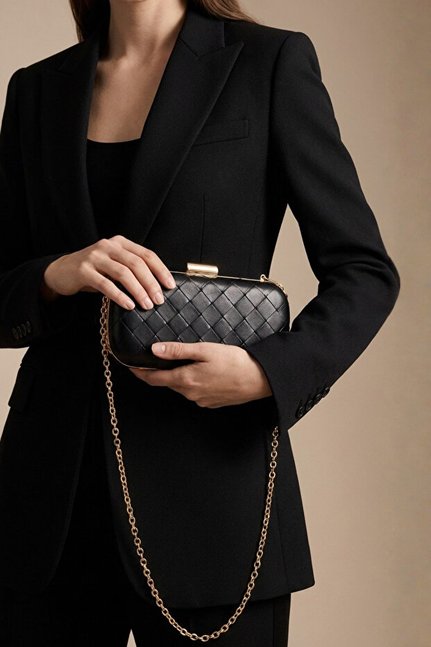 Black Gold Braided Leather Chain Metal Cover Clutch Bag