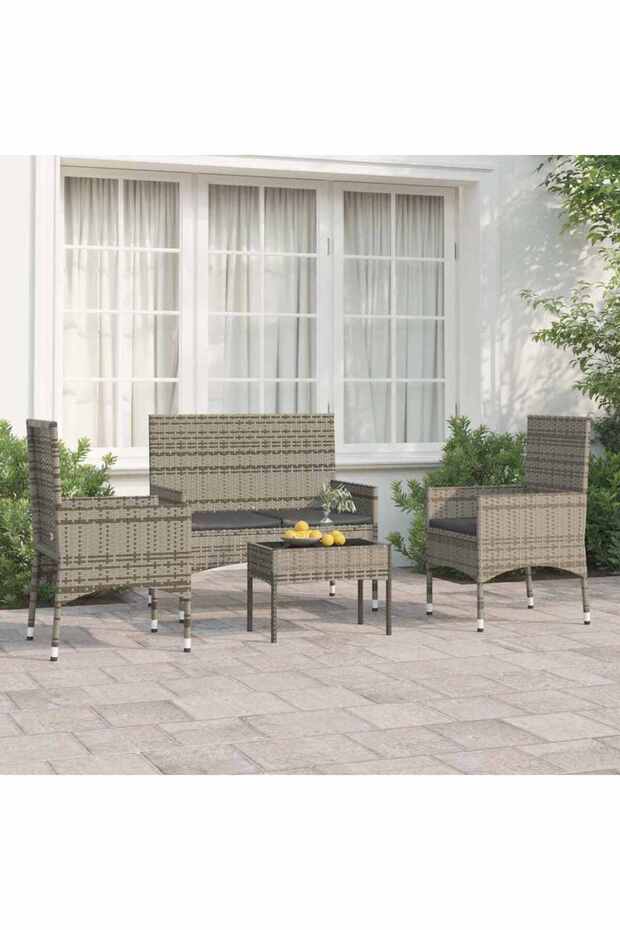 4 Piece Garden Lounge Set with Cushions Grey Poly Rattan