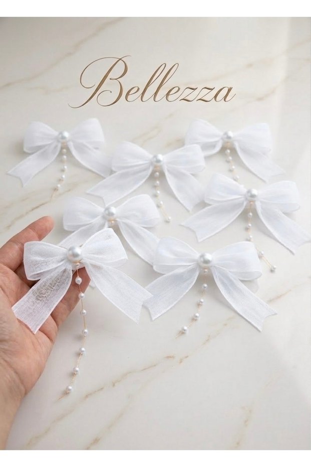 30 Pieces of White K Linen Bows with Pearl Charms - Wedding Favors and Baby Gift Decorations