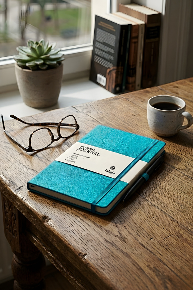 Turquoise A5 Luxury Thermo Leather Hard Cover Striped Notebook Business Journal with Elastic and Pen Holder