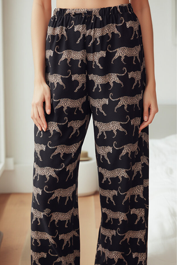 Black Tiger Patterned Viscose Woven Pajama Bottoms
