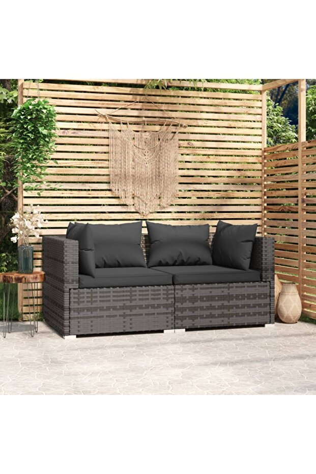 2-Seater Sofa with Cushions Grey Poly Rattan
