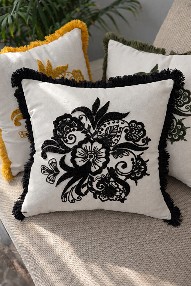 Beauty Flowers Punch Embroidered Patterned Linen Cushion Cover