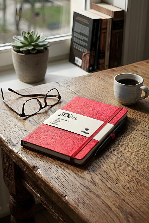 Red A5 Luxury Thermo Leather Hard Cover Striped Notebook Business Journal with Elastic and Pen Holder