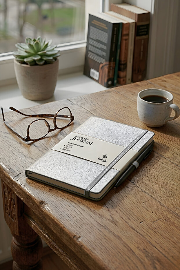White A5 Luxury Thermo Leather Hard Cover Striped Notebook Business Journal with Elastic and Pen Holder