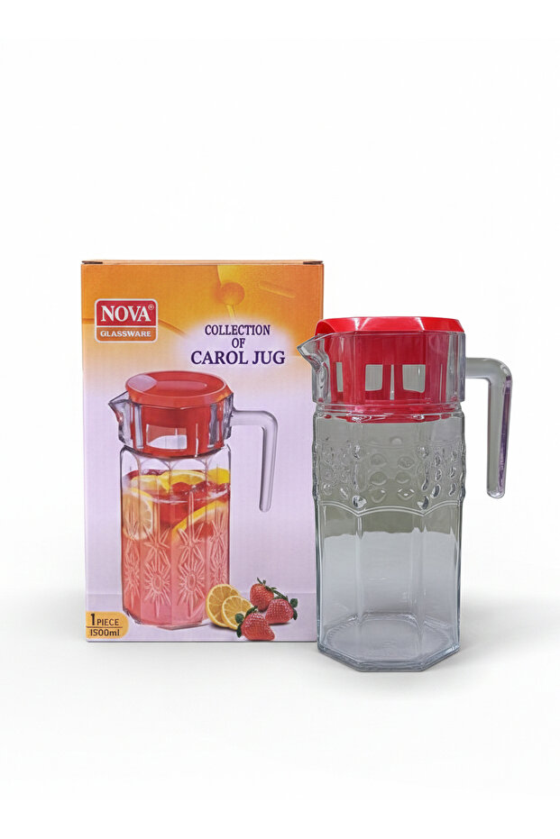 Carol Glass Jug 1.5 Liter Clear Beverage Pitcher with Lid and Handle for Juice and Cold Drinks