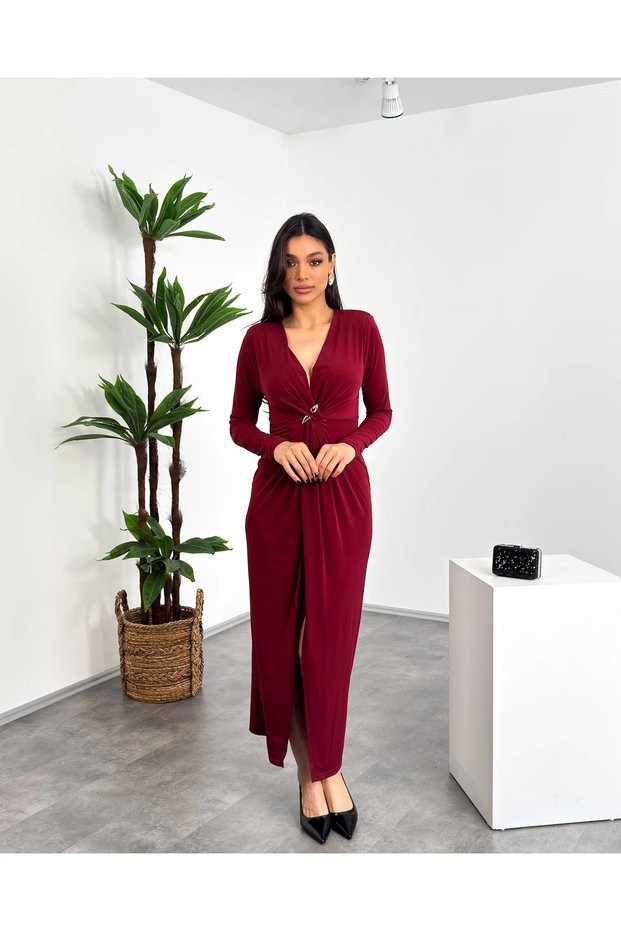 Sandy Fabric Front Ruched Double-Breasted Stylish Women's Dress with Brooch Detail