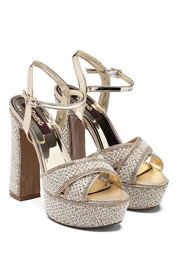 High Heeled Women's Ankle-Tie Stone Embellished Crossed Evening Dress Platform Shoes 22010