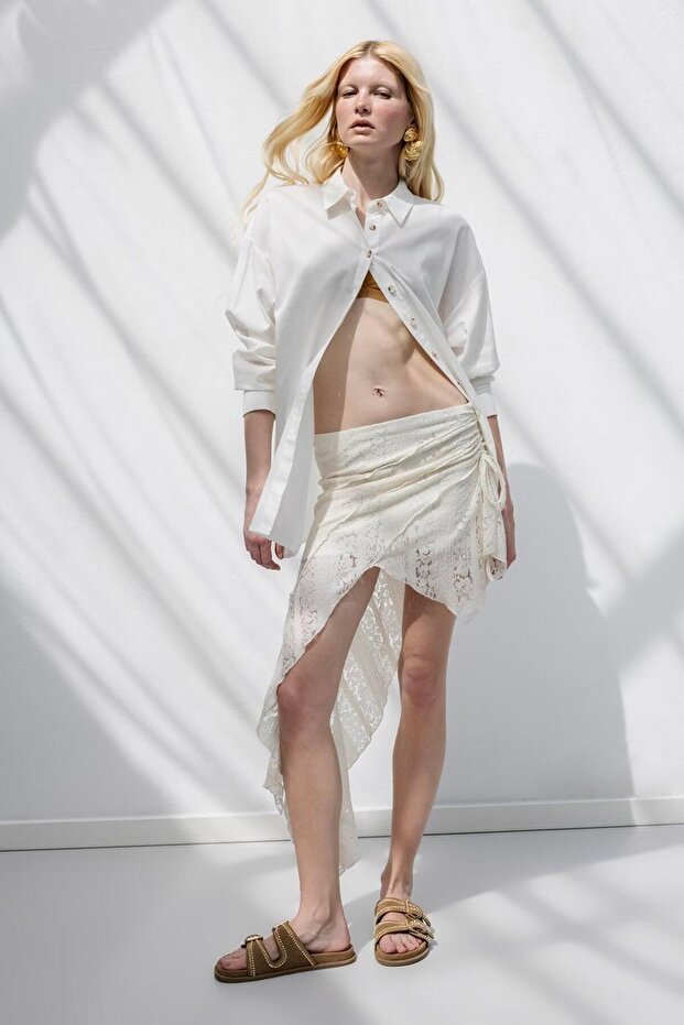 Dantel Asimetrik Mini Etek - 3