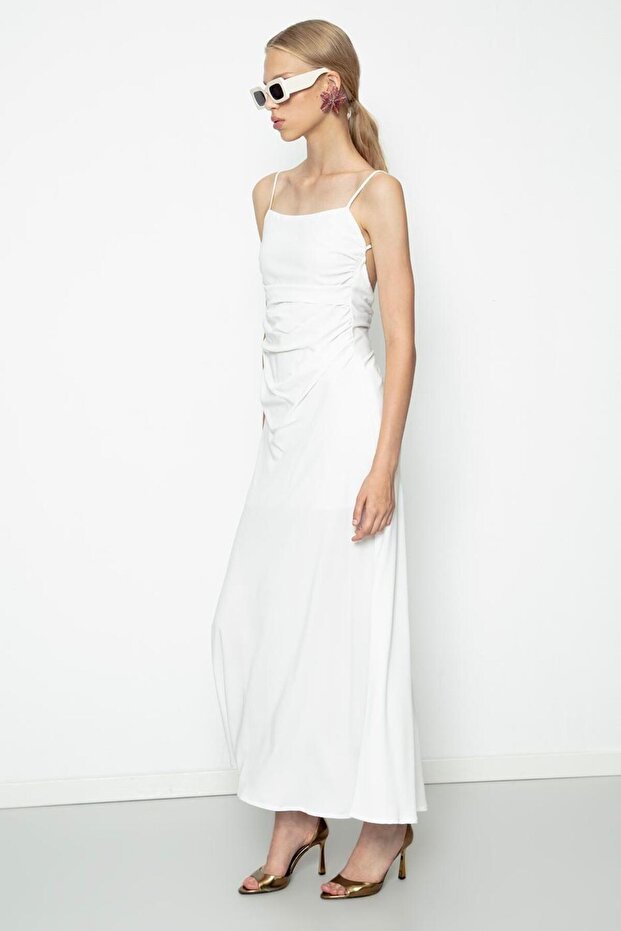 Drapeli Askılı Maksi Elbise - 2