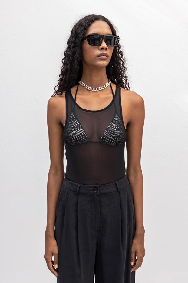 Halter Yaka Tül Bodysuit - 4