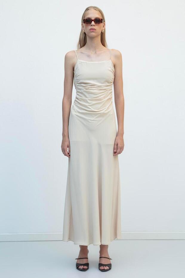 Drapeli Askılı Maksi Elbise - 5