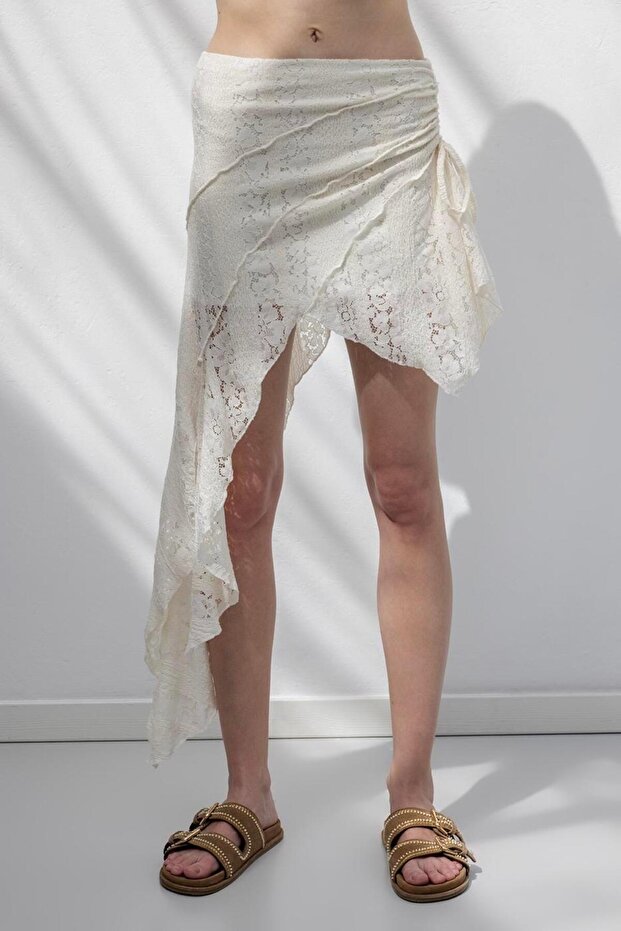 Dantel Asimetrik Mini Etek - 4