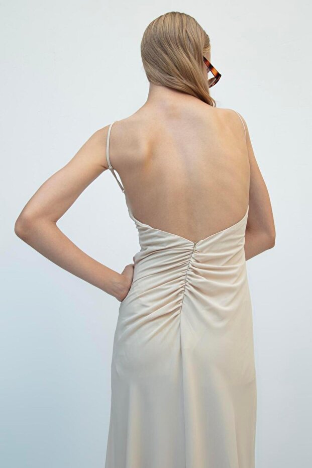 Drapeli Askılı Maksi Elbise - 4