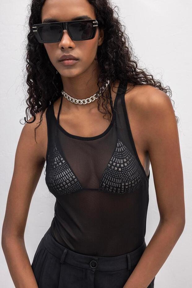 Halter Yaka Tül Bodysuit - 3
