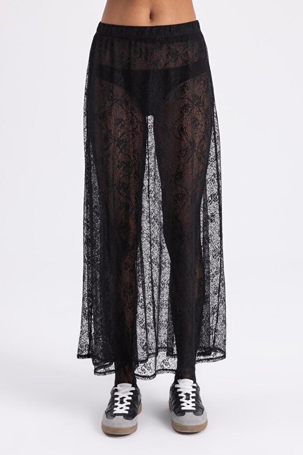 Transparan Dantel Midi Etek - 4