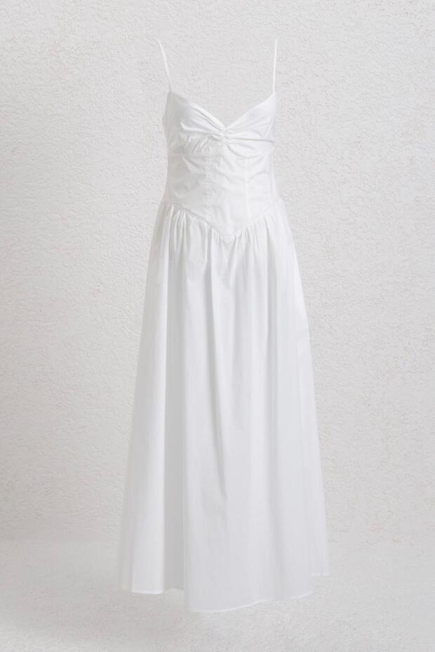 Women's White Strappy Corset Detailed Gathered Collar Long Dress