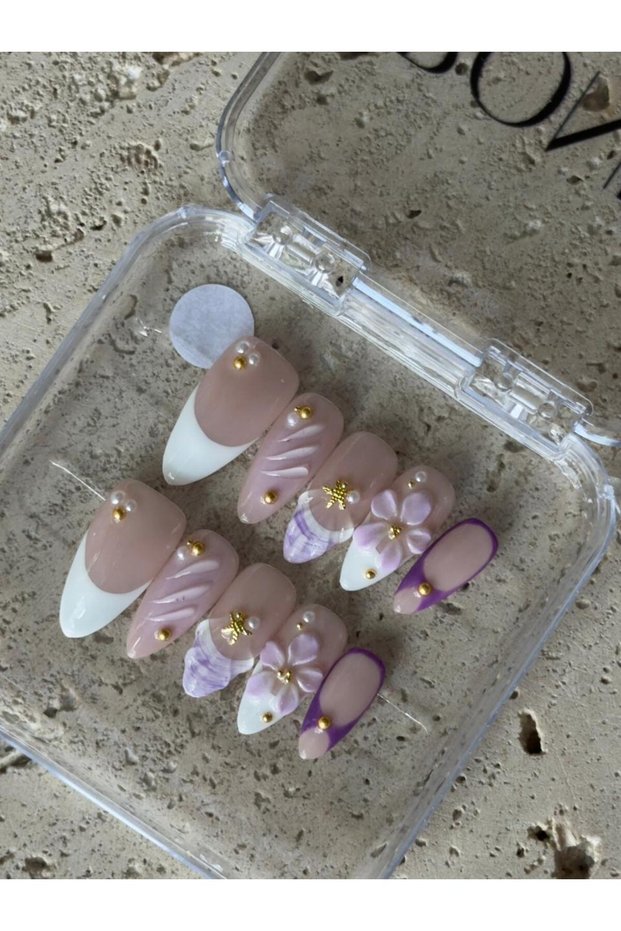 Gel Press-On Nails in Lavender & White — 3D Shell, Flower & Starfish Detail, Almond Shape -M-Prayer Friendly Gel Nail Tips Colorful – Easy Remove Press-On Nails, Reusable