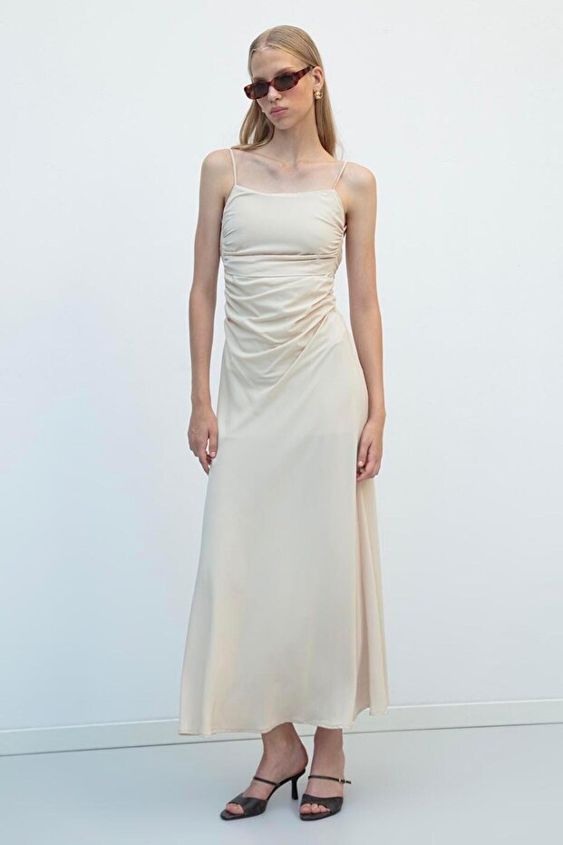 Drapeli Askılı Maksi Elbise - 1