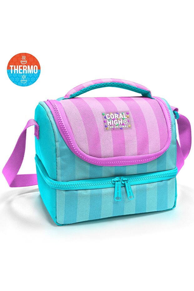 Kids Turquoise Pink Striped Patterned Thermo Two-Layer Nutrition Box Bag I 37213