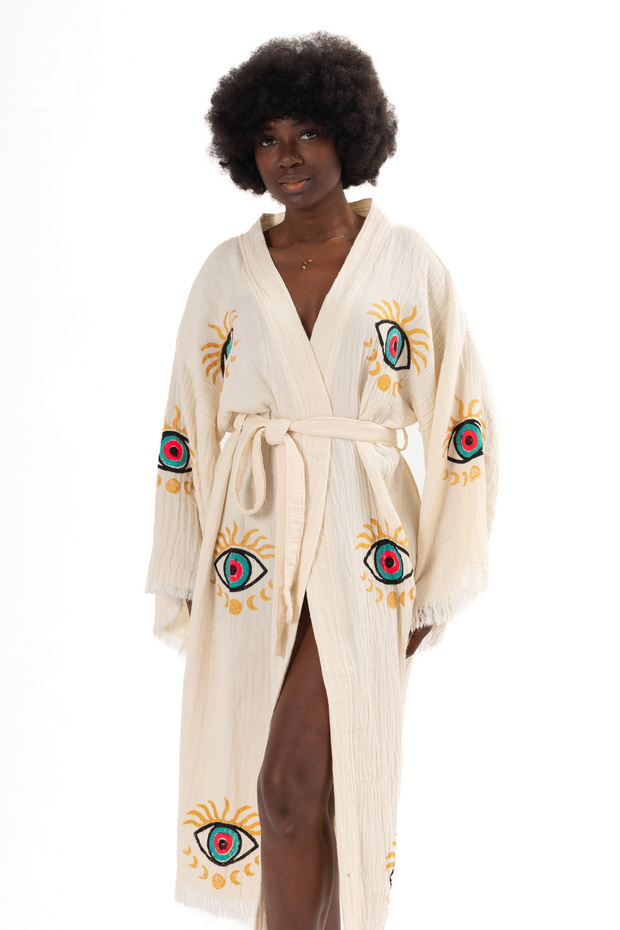 100% Organic Cotton Moon Pattern Printed Muslin Kimono Kaftan, Dressing Gown
