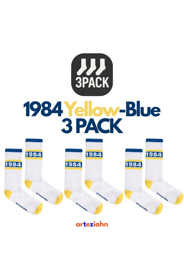 Since 1984 3Pack - White-Blue-Yellow Unisex Sports & Lifestyle Towel Sole Organic Cotton 3-Piece Sock Set