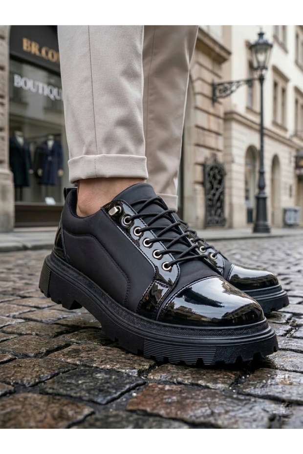 Lace-Up Patent Leather Stitched Parachute Detailed High Black Comfortable Sole Men's Shoes 243-Bkr