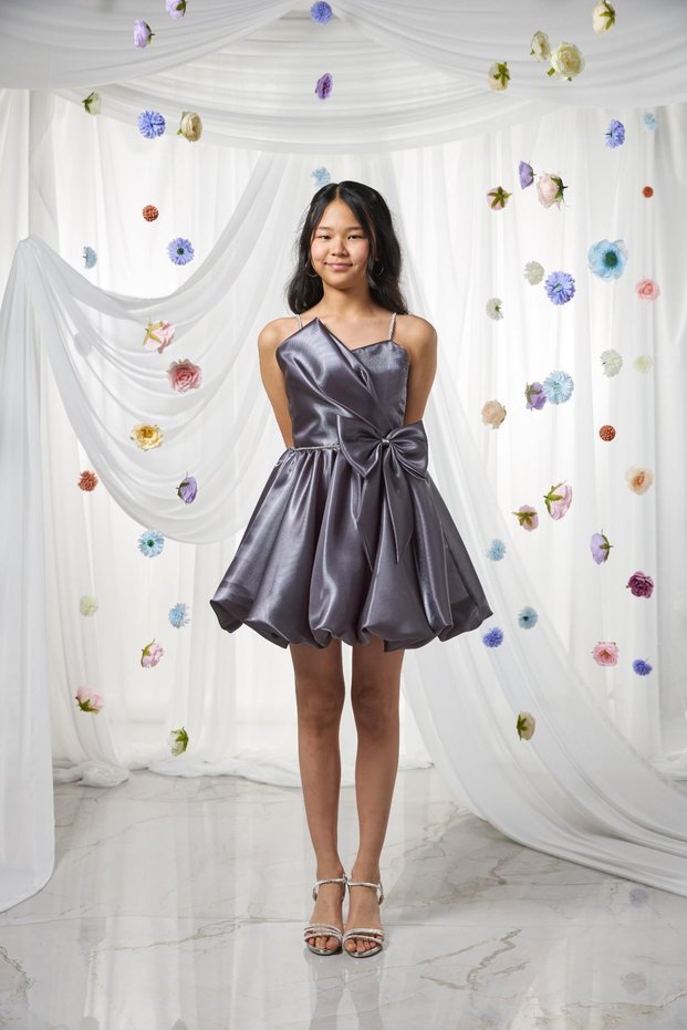 Mojo Girl Child 10-15 Years Bow Detail Ruffled Short Evening Dress Gray