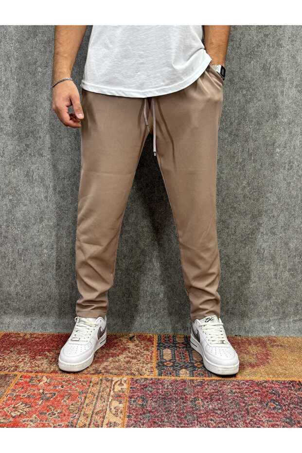 Elastic Waist Double Beige Trousers