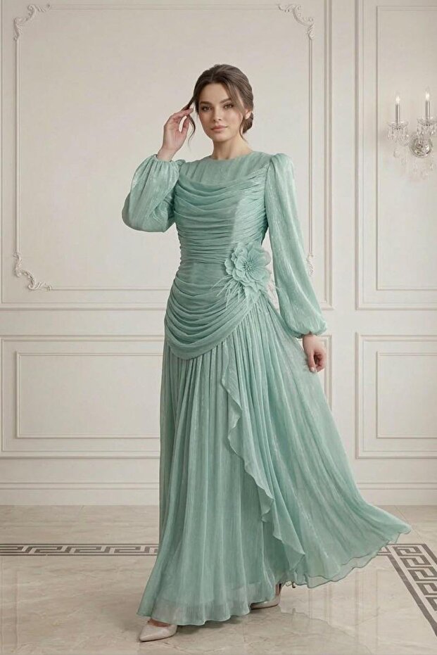 Adelin sparkling chiffon evening dress mint