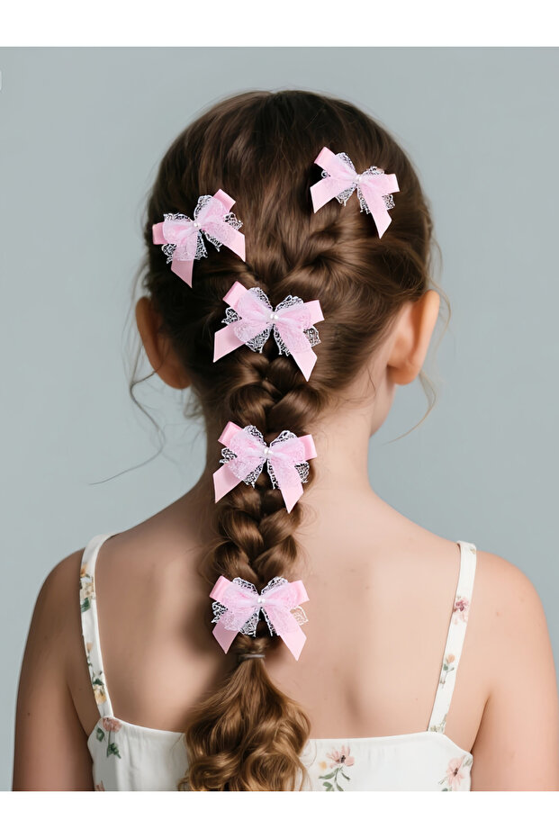 Pack of 5 - Pink Lace Bow Hair Clips
