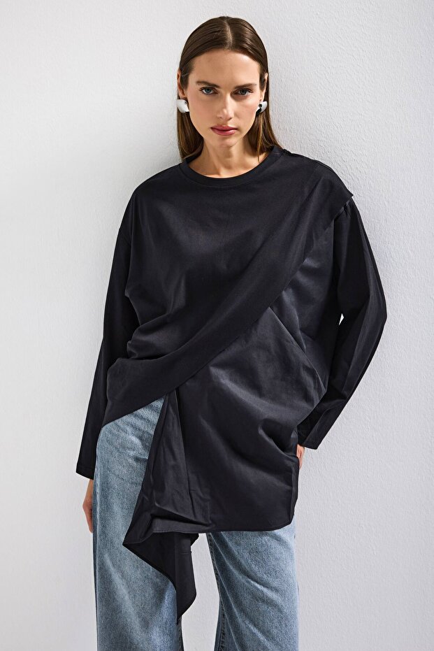 Kadın Siyah w5 Oversize Çift Parça Tasarım Gömlek Sweatshirt - 5