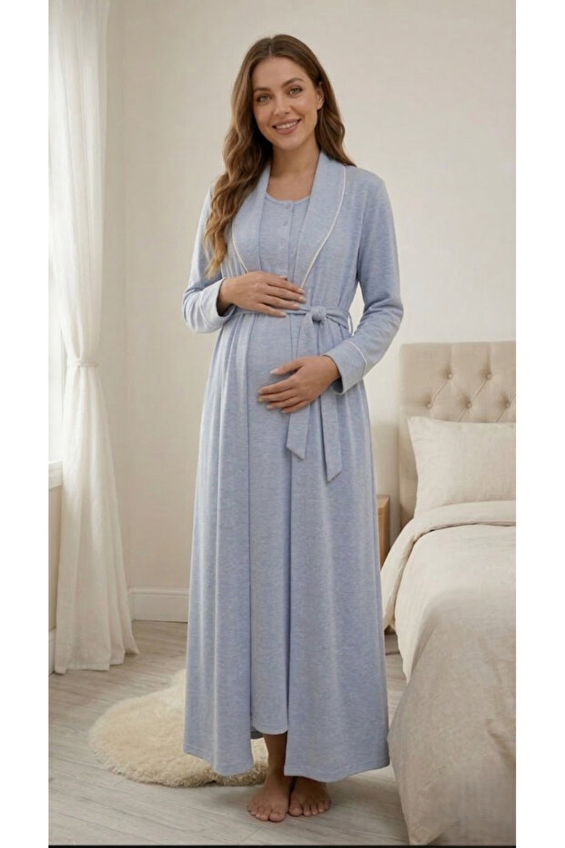 Women's Blue Shawl Collar Trimmed Maternity and Postpartum Nightgown and Robe Set