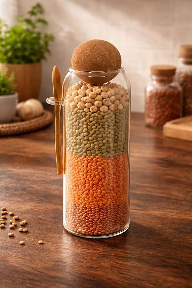 1 Piece Borosilicate Glass Jar with Cork Lid and Spoon Storage Container 9*25cm