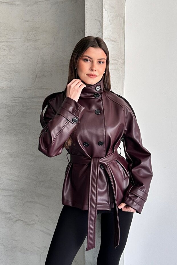 New Season Mock Neck Short Leather Trench Coat