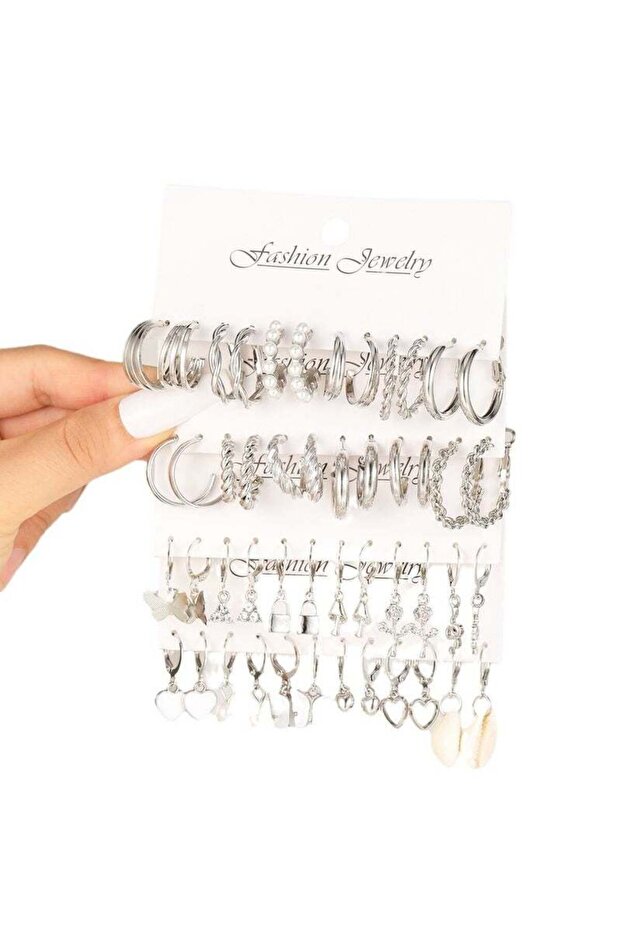 Elegant 24 Pcs Silver Hoop & Charm Earring Set