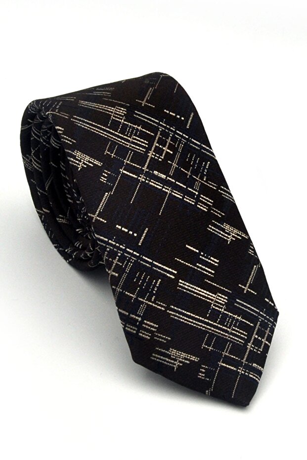 Beige Navy Blue Gray Patterned Brown Woven Fabric Handkerchief Slim Fit Tie // Sdk-2611-5
