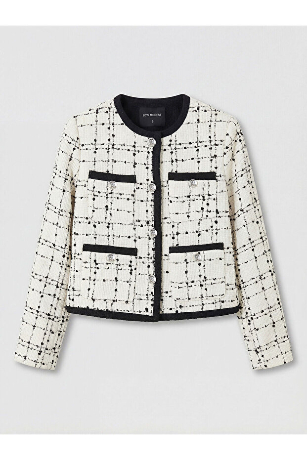 Özmarka New Season Crew Neck Plaid Women's Tweed Jacket
