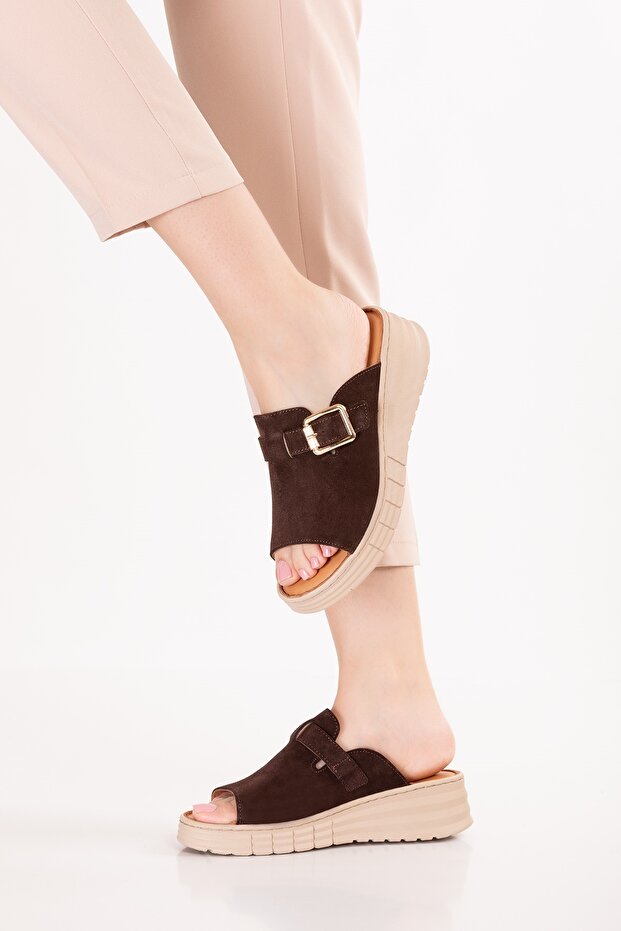 Genuine Leather Wedge Heel Pieces Comfortable Slipper Rh.421 Coffee Suede