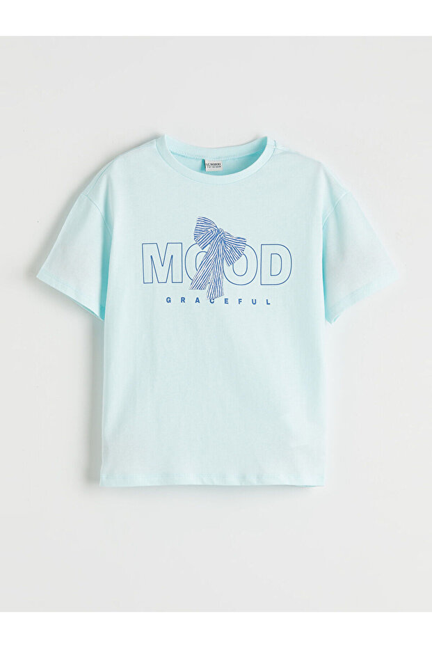 Turquoise Crew Neck Slogan Printed Girls' T-Shirt